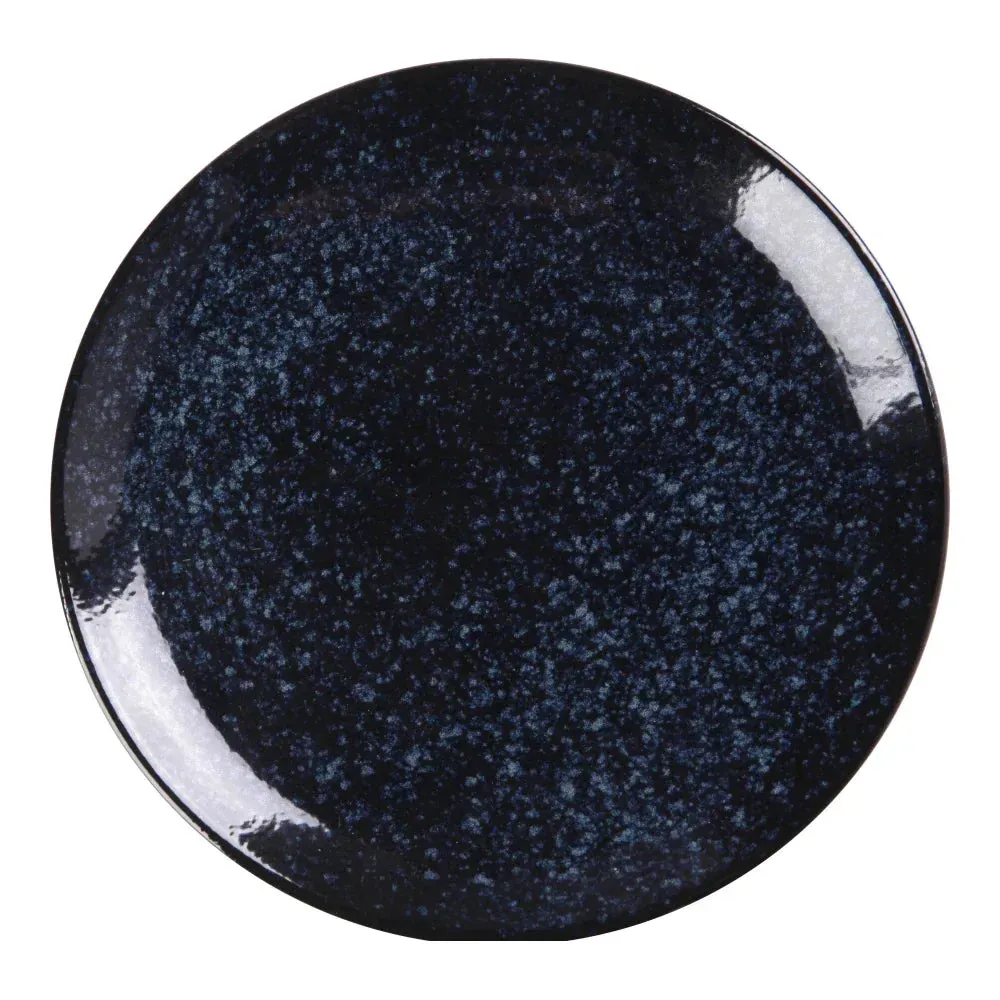 Small blue round coupe dinner plate from Yanco China, ideal for smaller portions such as appetizers or desserts, designed to enhance aesthetics.