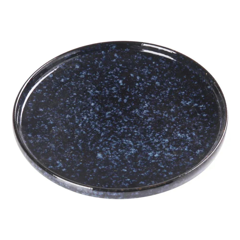 Small blue round plate from Yanco China with an upright rim, perfect for individual servings of salads, appetizers, or sides in casual dining.