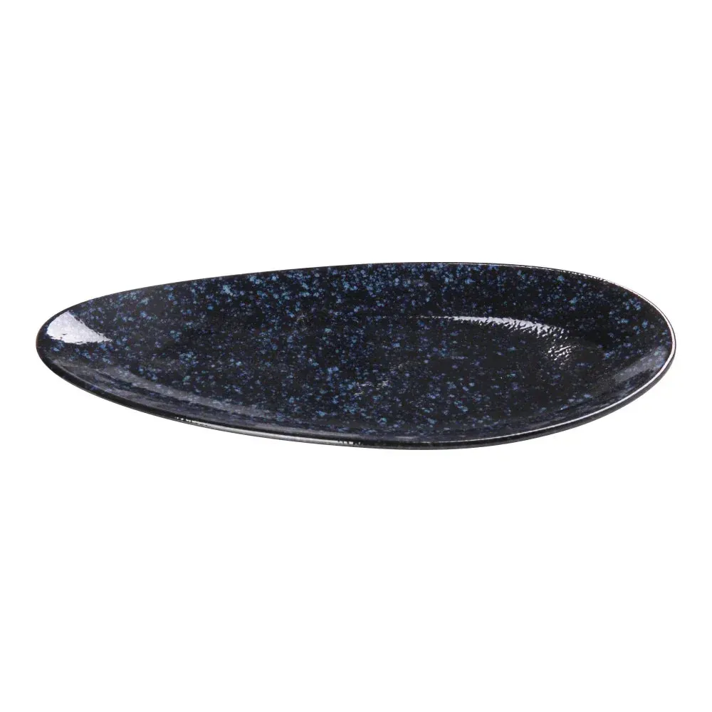 Larger blue leaf shaped plate by Yanco China, ideal for serving meals or platters, adding decorative flair and a contemporary style to dining tables.
