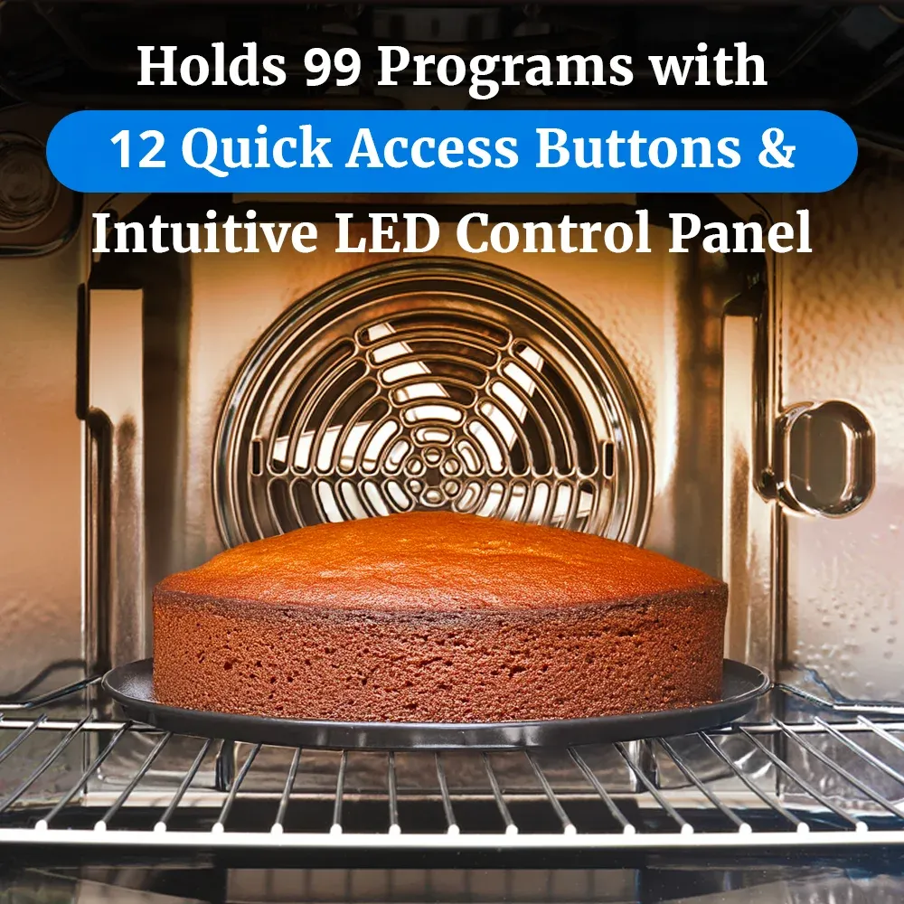 Cadco heavy-duty digital countertop convection oven with four shelves, full-size stainless body, LED controls, durable build for commercial kitchens.