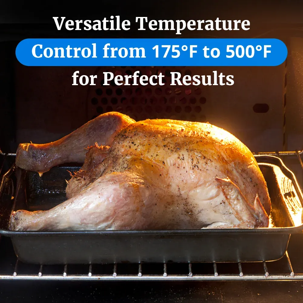 Cadco heavy-duty digital countertop convection oven with four shelves, full-size stainless body, LED controls, durable build for commercial kitchens.