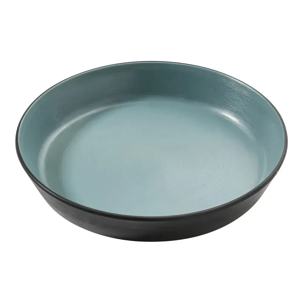 Teal deep dish with a black edge by Yanco China, a twelve ounce bowl great for side dishes, snacks, or smaller servings while adding some color.