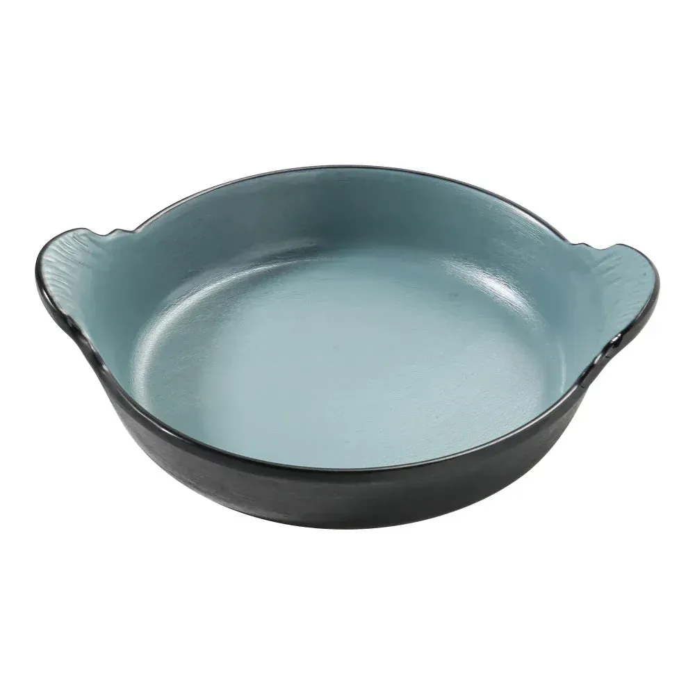 Teal melamine deep dish with a handle from Yanco China, a twelve ounce bowl perfect for versatile kitchen tasks, with a durable build.