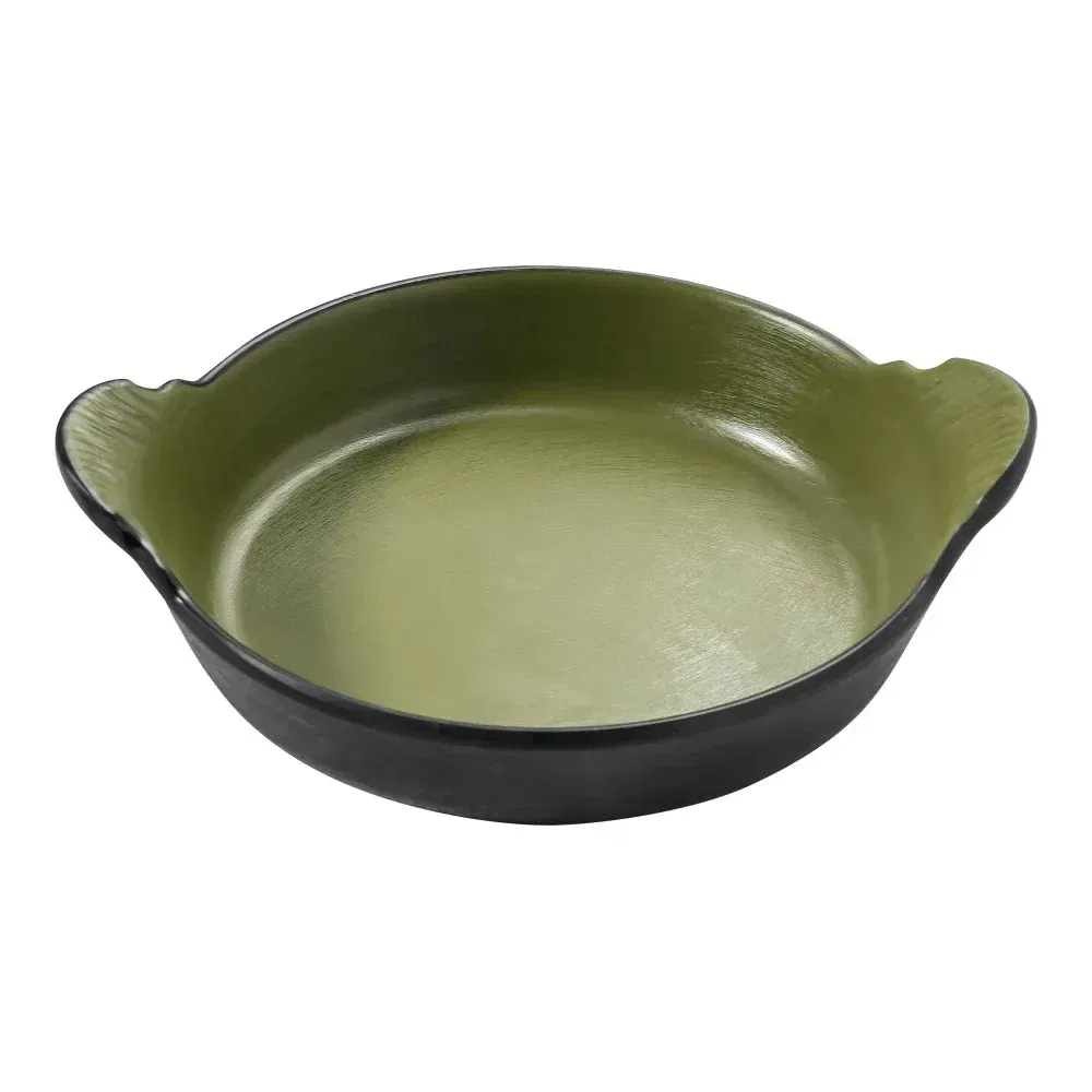 Green melamine deep dish with a handle by Yanco China, ideal for daily kitchen use, combines practical design and lightweight durability.