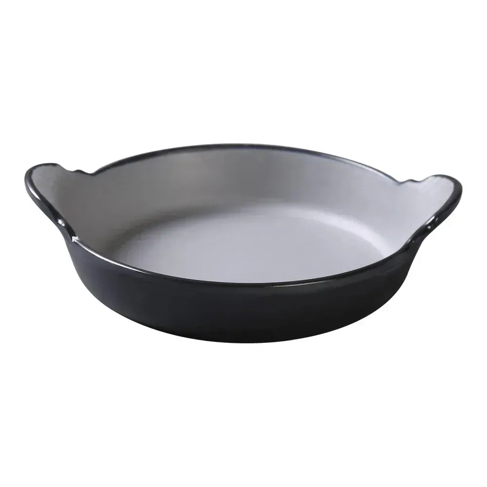 Practical grey melamine deep dish with a handle from Yanco China, suitable for cooking and serving tasks, offers a strong, easy to grip handle.