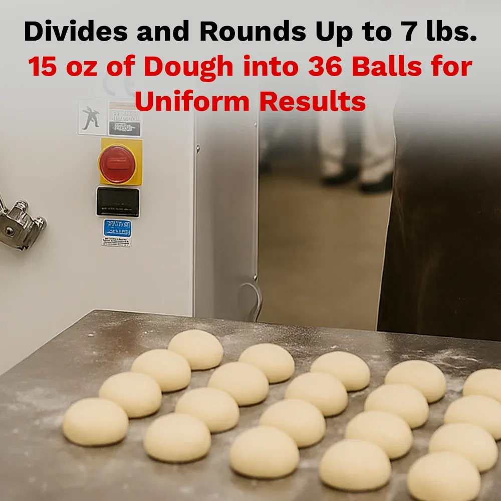 BakeMax Semi-automatic bun divider offers high output with dough action, compact stainless steel design, easy to clean and dependable for bakeries.