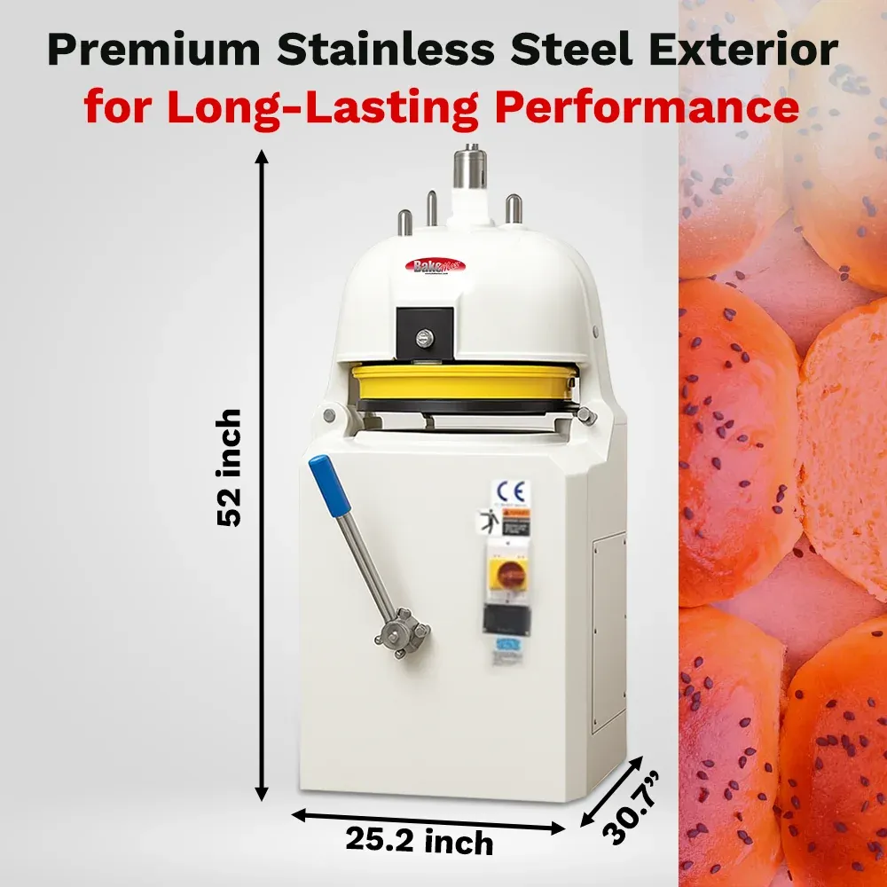 BakeMax Semi-automatic bun divider offers high output with dough action, compact stainless steel design, easy to clean and dependable for bakeries.