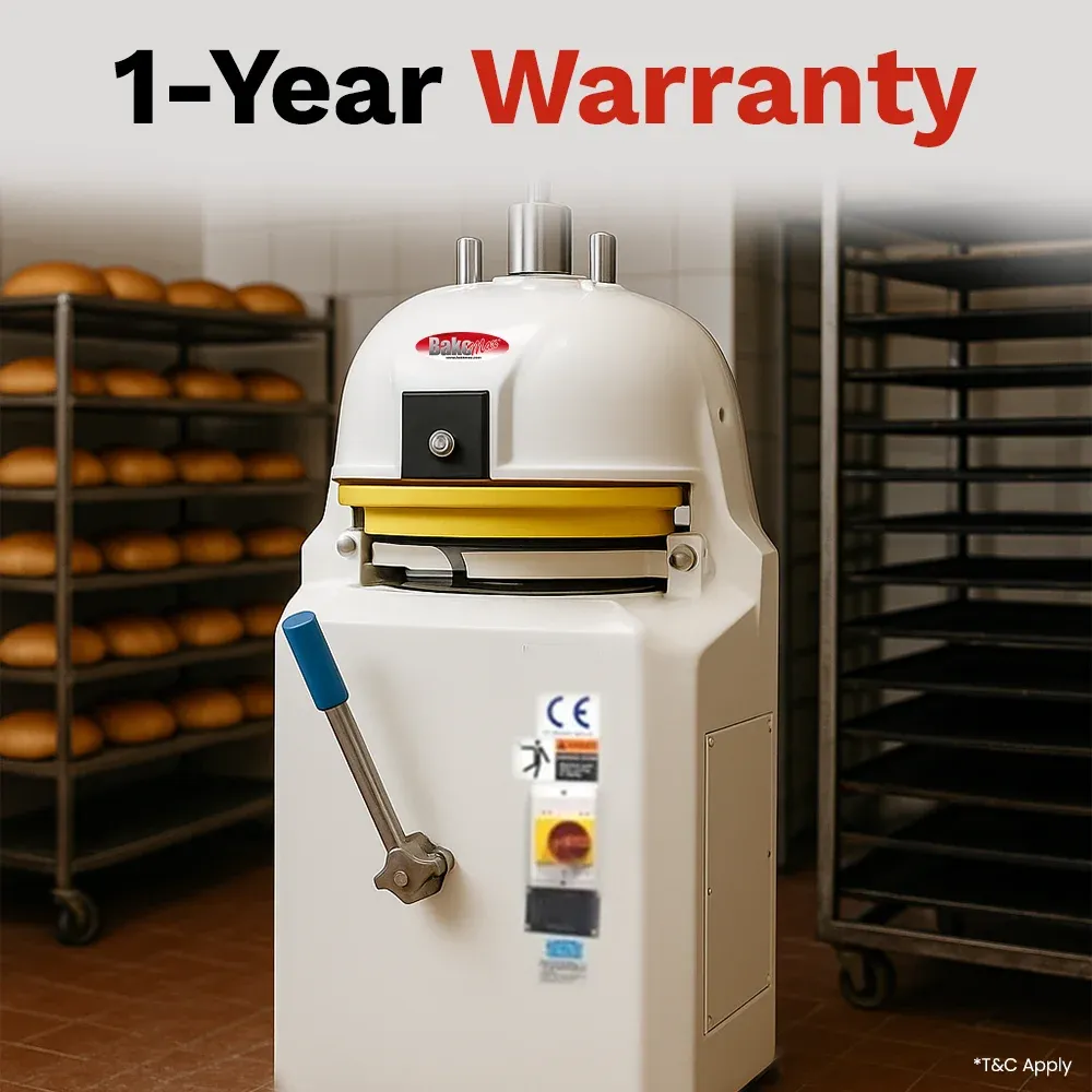 BakeMax Semi-automatic bun divider offers high output with dough action, compact stainless steel design, easy to clean and dependable for bakeries.