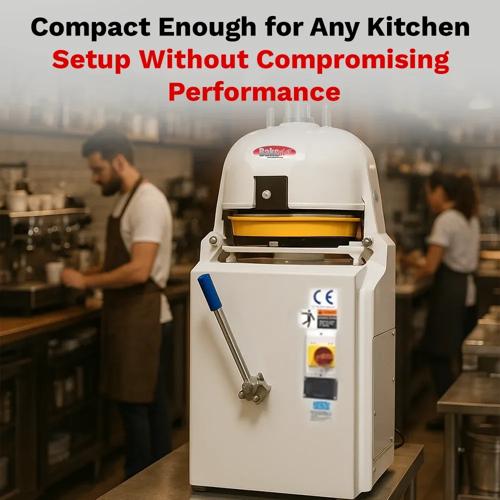 BakeMax Semi-automatic bun divider offers high output with dough action, compact stainless steel design, easy to clean and dependable for bakeries.