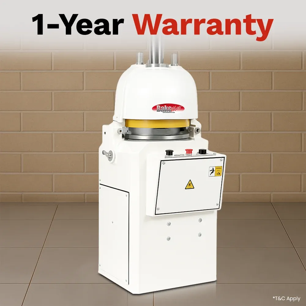 BakeMax Automatic bun dough divider with stainless steel body, high-speed gentle dough handling, compact design, easy cleaning for bakery environments