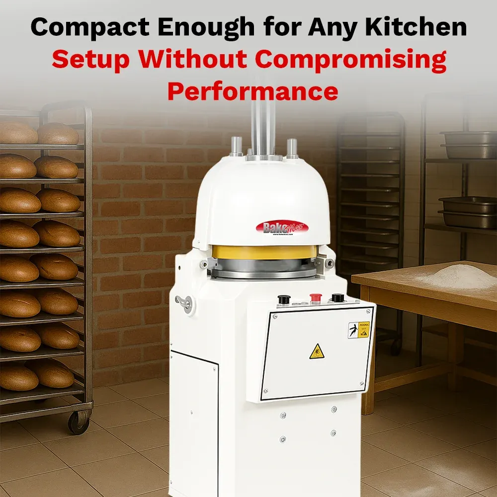 BakeMax Automatic bun dough divider with stainless steel body, high-speed gentle dough handling, compact design, easy cleaning for bakery environments