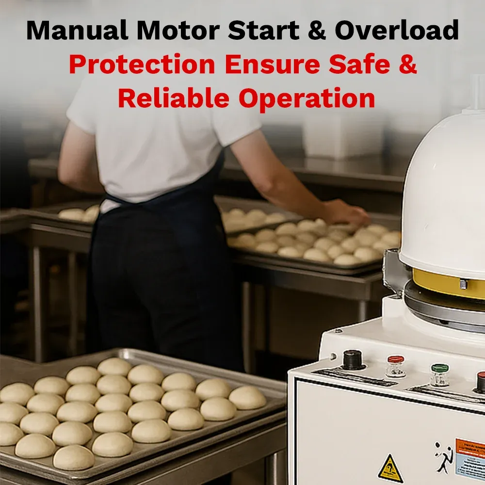 BakeMax Automatic bun dough divider with stainless steel body, high-speed gentle dough handling, compact design, easy cleaning for bakery environments