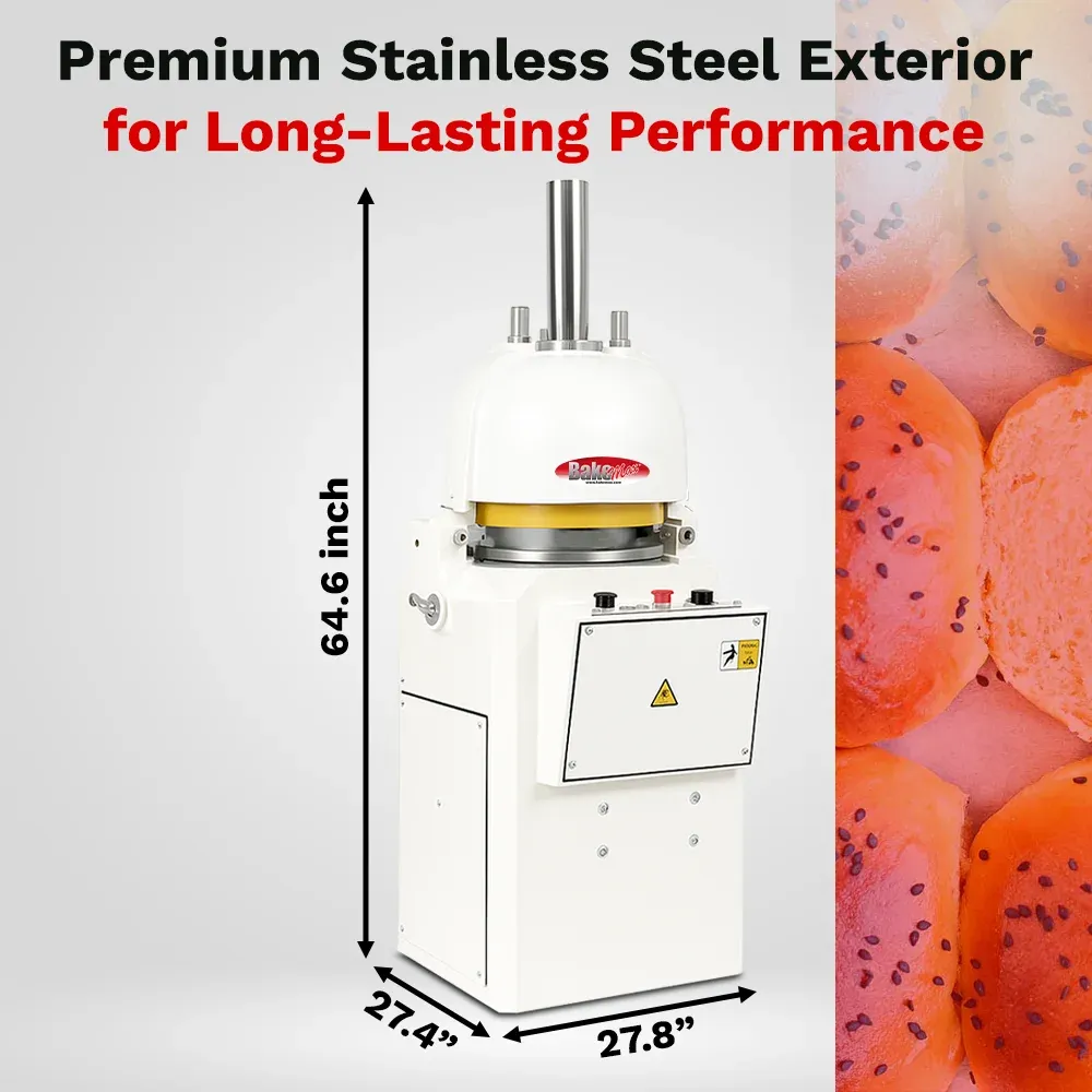 BakeMax Automatic bun dough divider with stainless steel body, high-speed gentle dough handling, compact design, easy cleaning for bakery environments