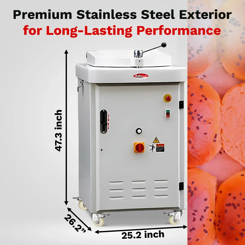 BakeMax Hydraulic dough divider with stainless build, floor model with high output, easy to clean, ideal for dividing large dough blocks in bakeries.