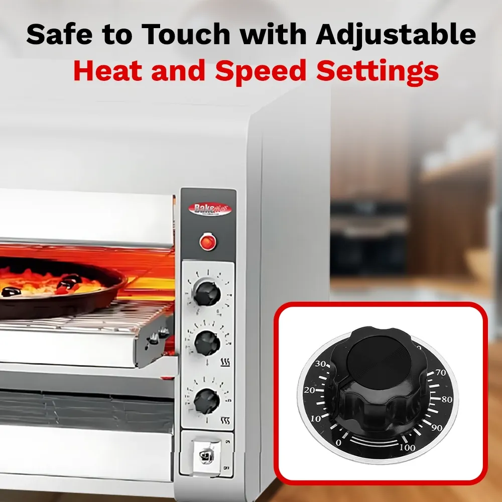 BakeMax conveyor oven with eighteen-inch belt bakes 180 items per hour, great for sandwiches, snacks, or small pizzas. Features digital control panel.