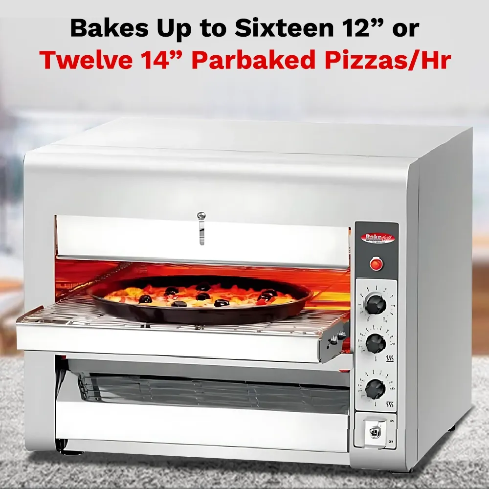 BakeMax conveyor oven with eighteen-inch belt bakes 180 items per hour, great for sandwiches, snacks, or small pizzas. Features digital control panel.