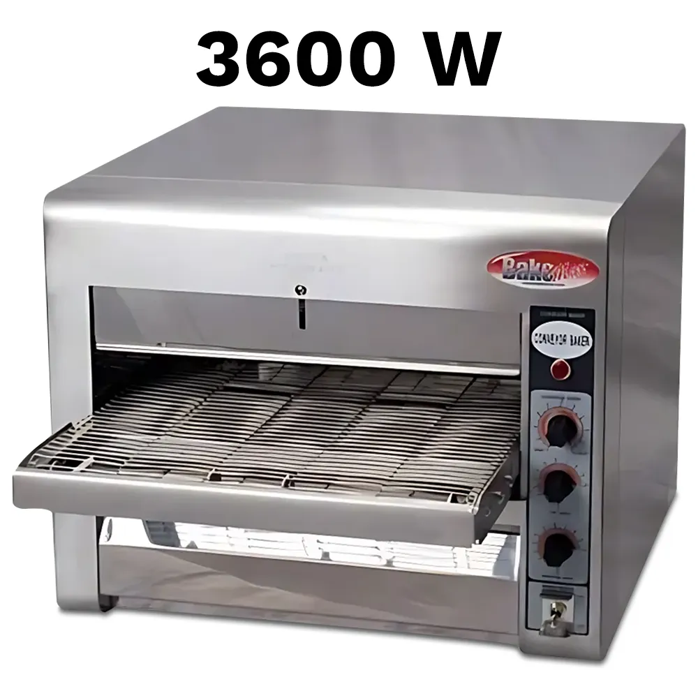 BakeMax conveyor oven with eighteen-inch belt bakes 180 items per hour, great for sandwiches, snacks, or small pizzas. Features digital control panel.