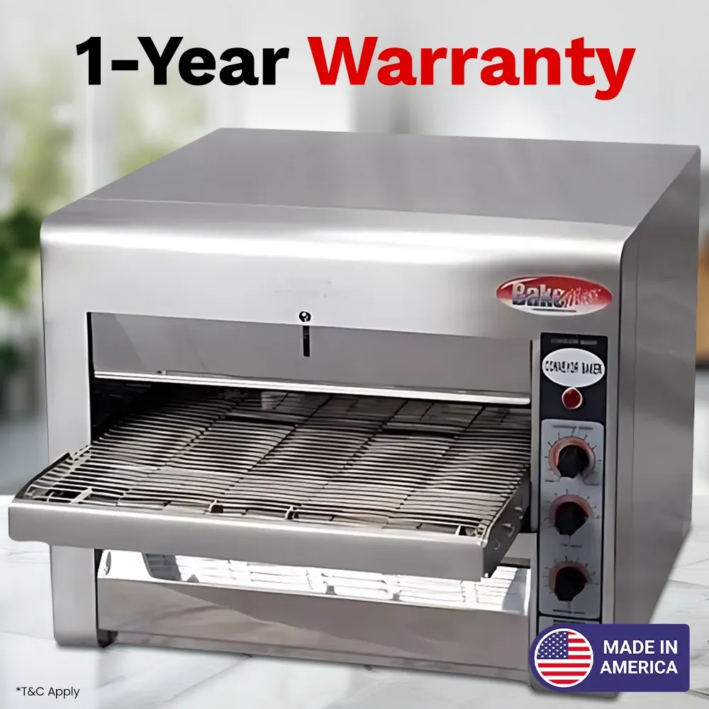 BakeMax conveyor oven with eighteen-inch belt bakes 180 items per hour, great for sandwiches, snacks, or small pizzas. Features digital control panel.