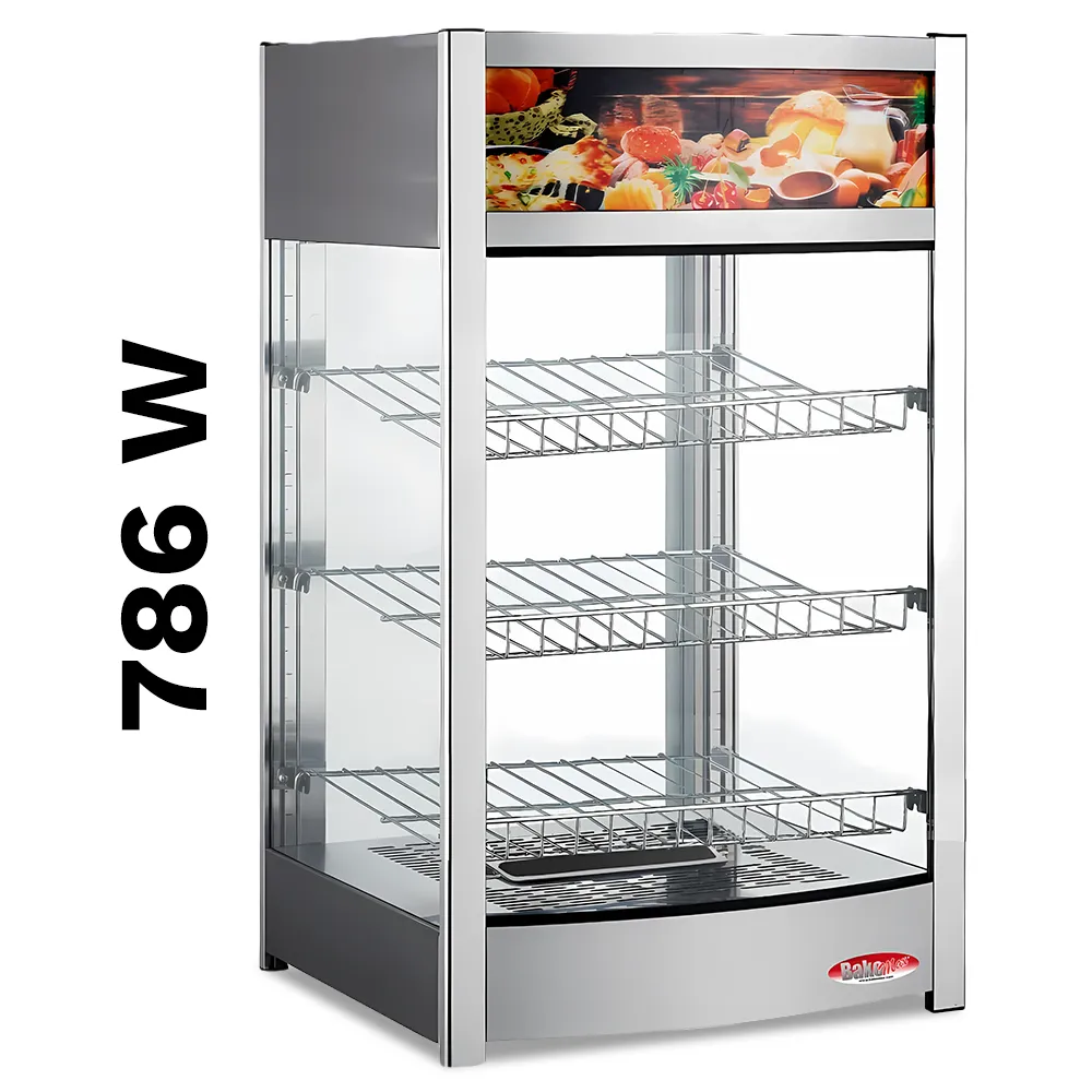 BakeMax Titan Series 18-inch compact heated countertop display case with stainless steel build, glass housing, and warming shelves for food display.