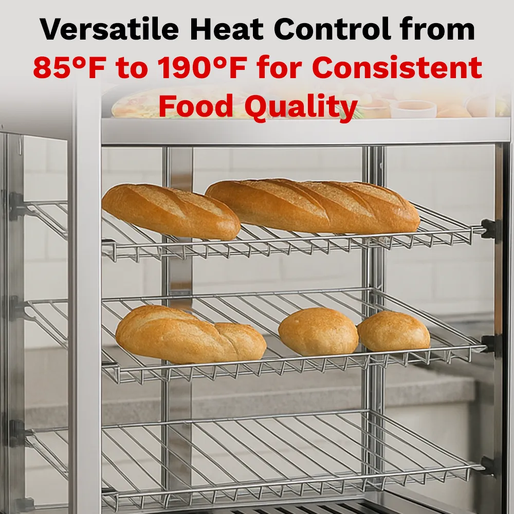 BakeMax Titan Series 18-inch compact heated countertop display case with stainless steel build, glass housing, and warming shelves for food display.