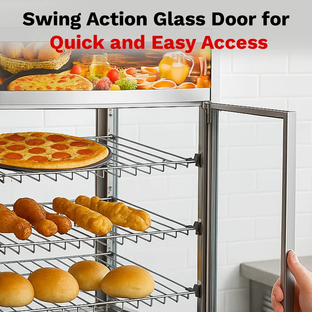 BakeMax Titan Series 18-inch compact heated countertop display case with stainless steel build, glass housing, and warming shelves for food display.