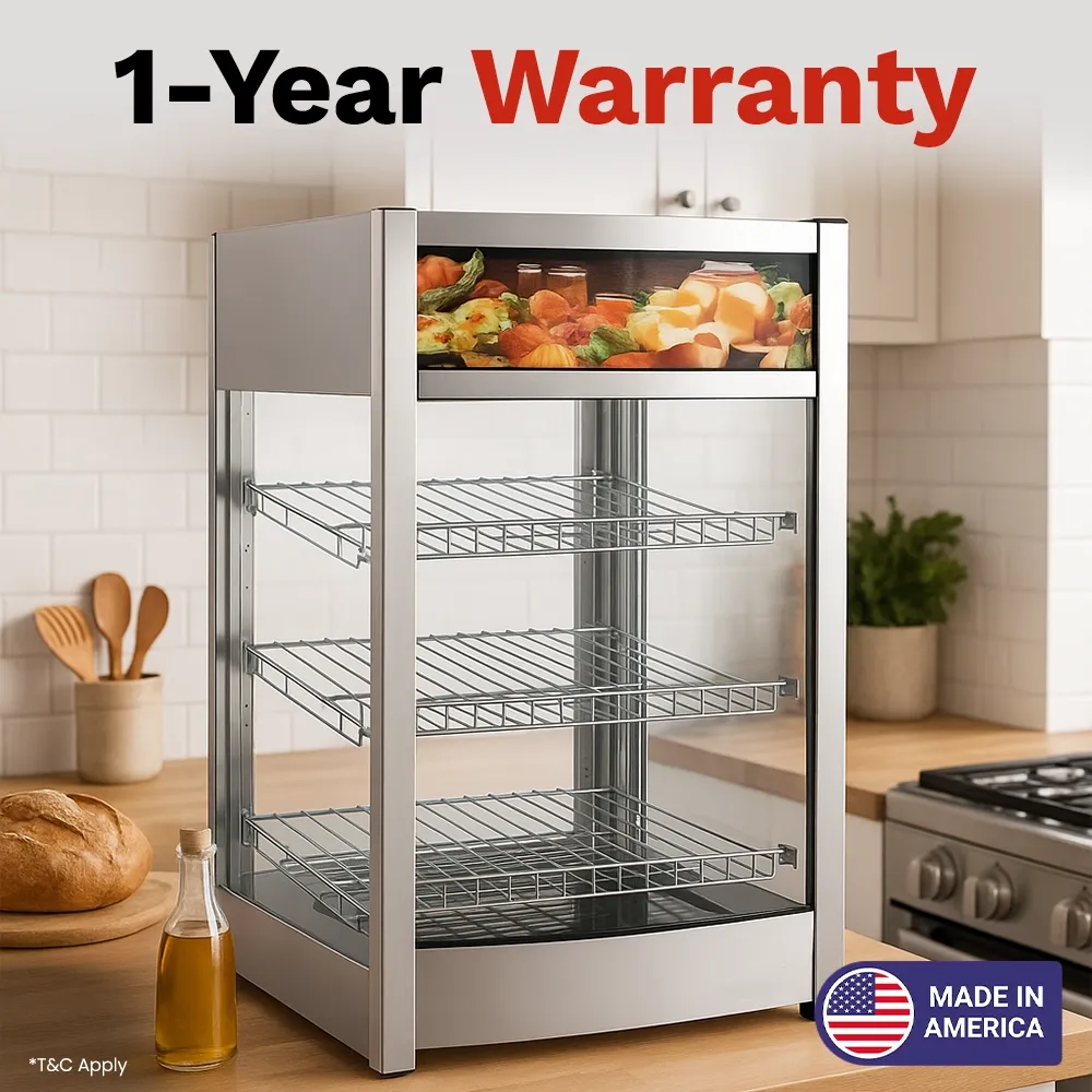 BakeMax Titan Series 18-inch compact heated countertop display case with stainless steel build, glass housing, and warming shelves for food display.