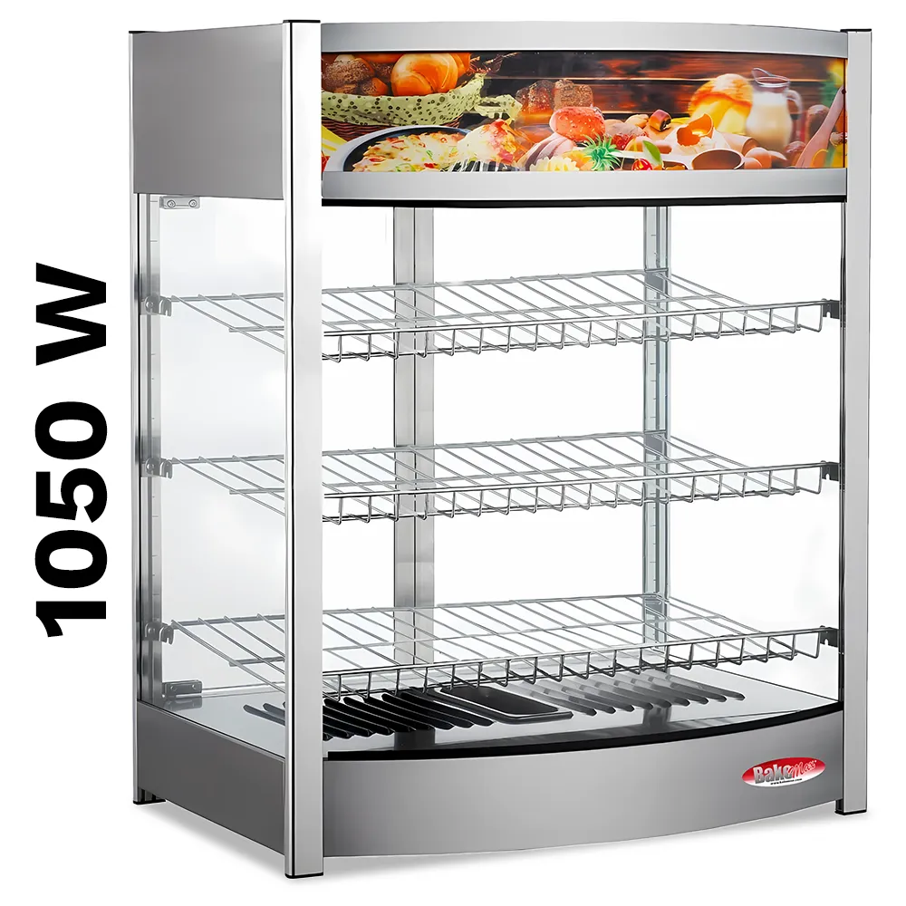 BakeMax Titan Series 25-inch countertop heated display case with stainless steel body, glass front enclosure, and adjustable warming interior racks.