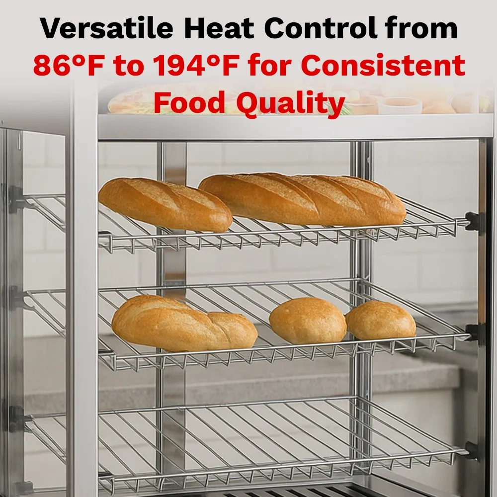 BakeMax Titan Series 25-inch countertop heated display case with stainless steel body, glass front enclosure, and adjustable warming interior racks.