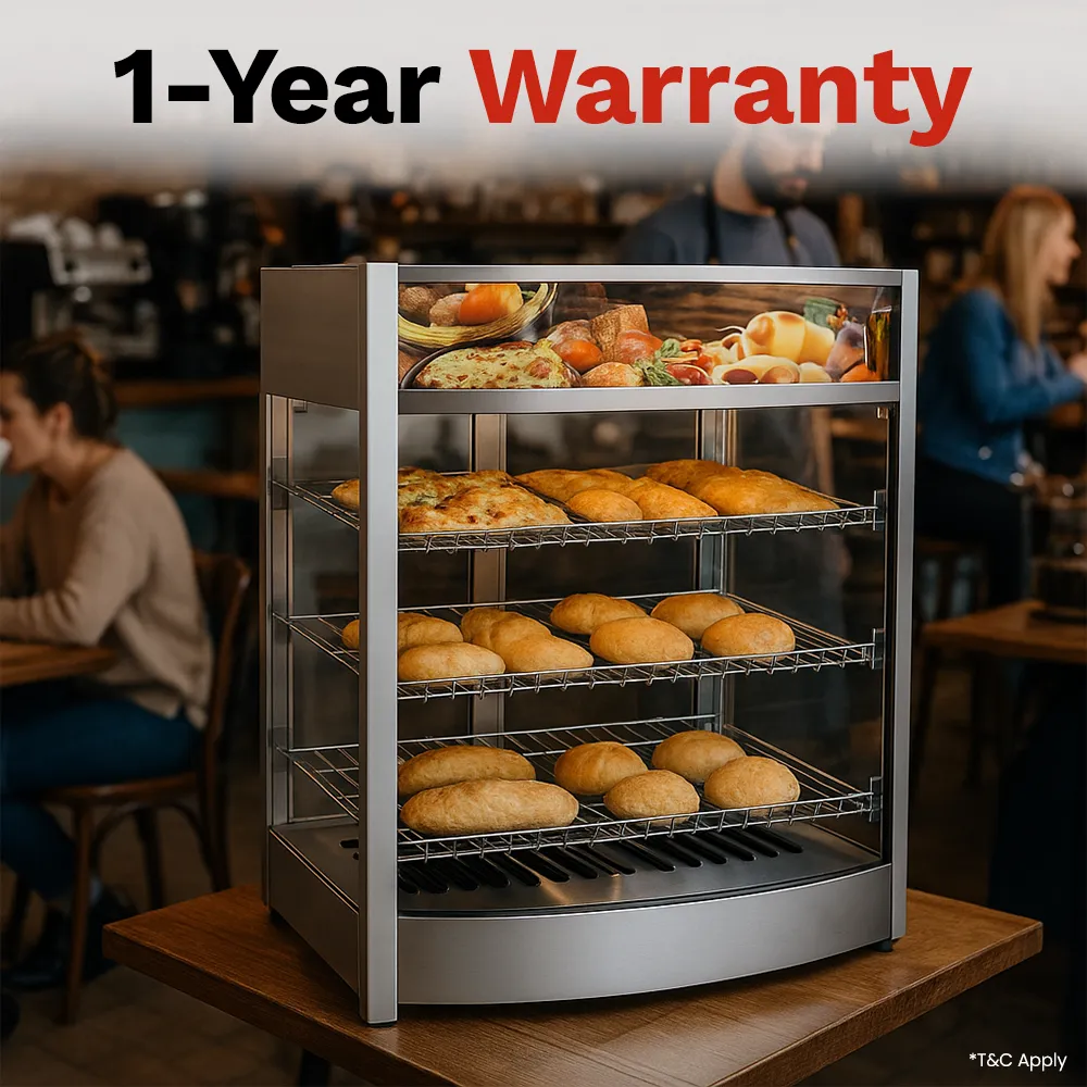 BakeMax Titan Series 25-inch countertop heated display case with stainless steel body, glass front enclosure, and adjustable warming interior racks.