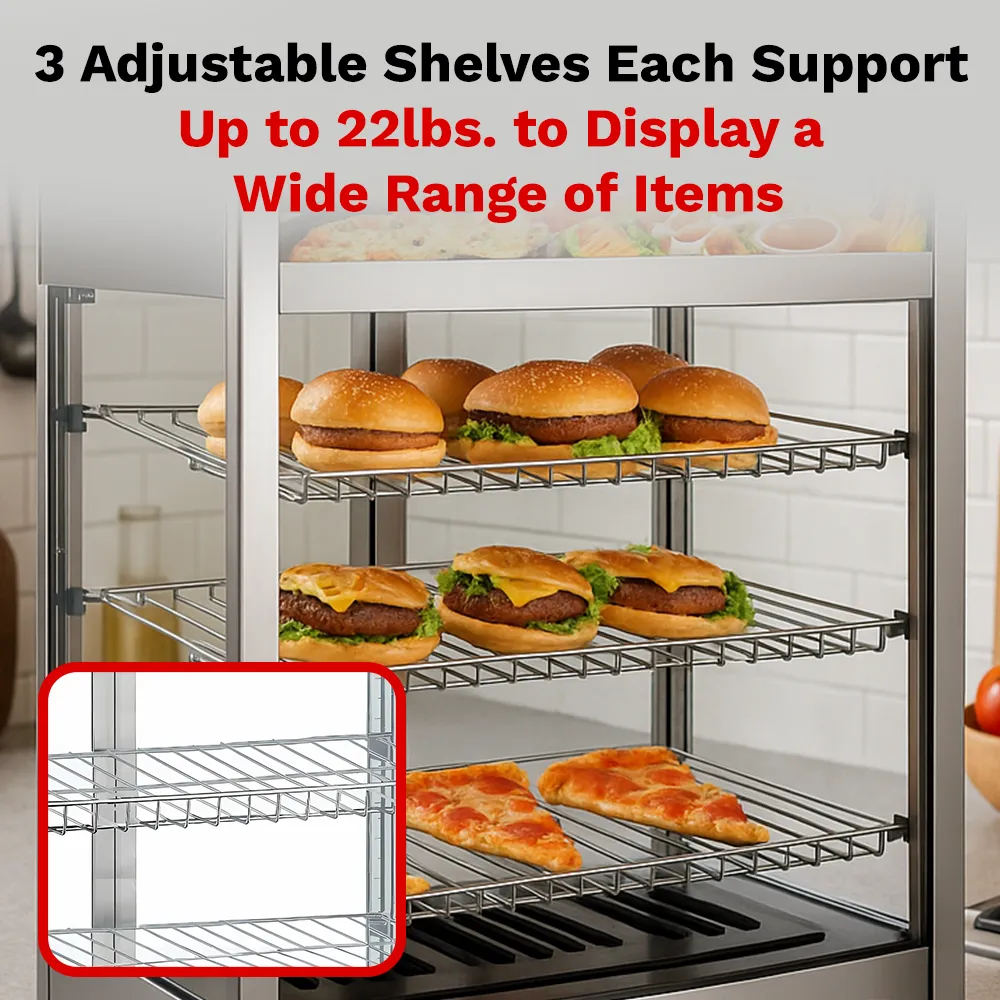 BakeMax Titan Series 25-inch countertop heated display case with stainless steel body, glass front enclosure, and adjustable warming interior racks.