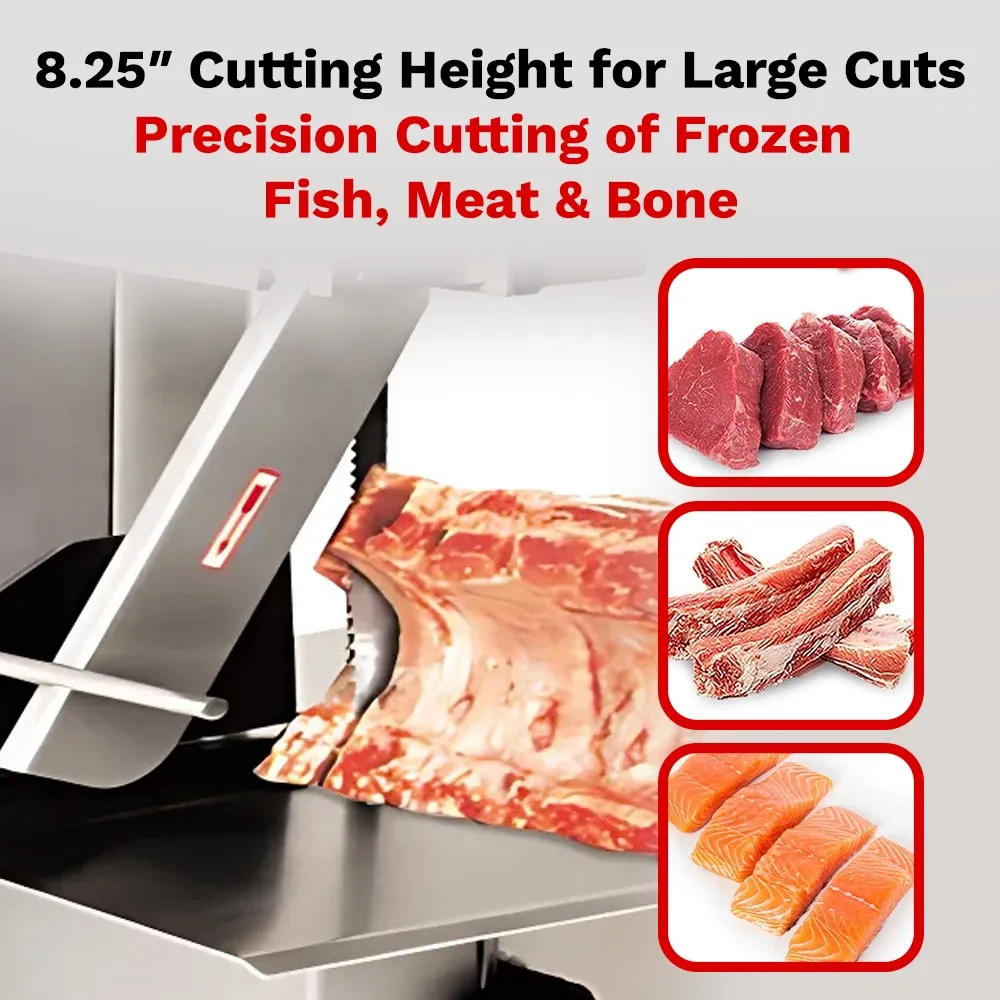 BakeMax Titan Series electric bone saw with 18-inch width, countertop unit safely cuts bone for butchers. Features safety switch and durable blade.