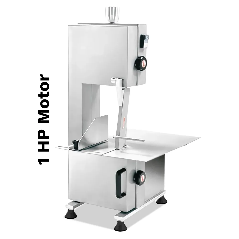 BakeMax Titan Series electric bone saw with 18-inch width, countertop unit safely cuts bone for butchers. Features safety switch and durable blade.