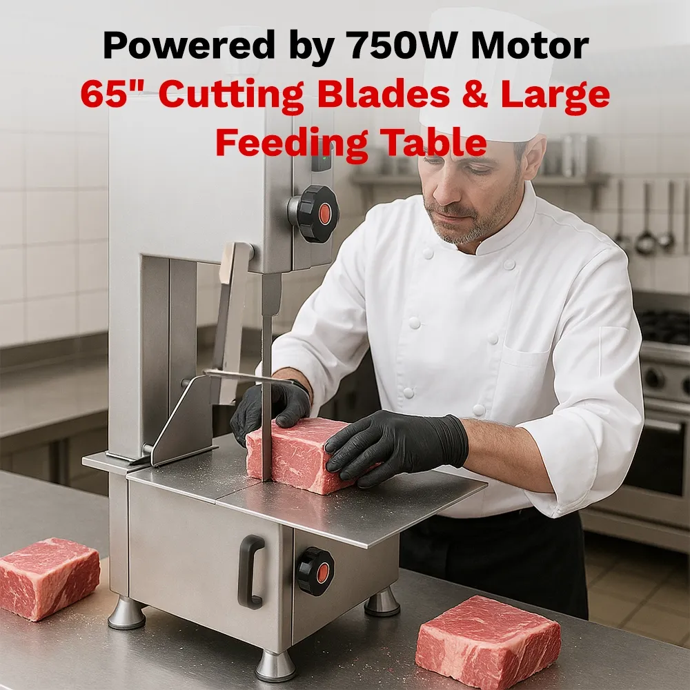 BakeMax Titan Series electric bone saw with 18-inch width, countertop unit safely cuts bone for butchers. Features safety switch and durable blade.