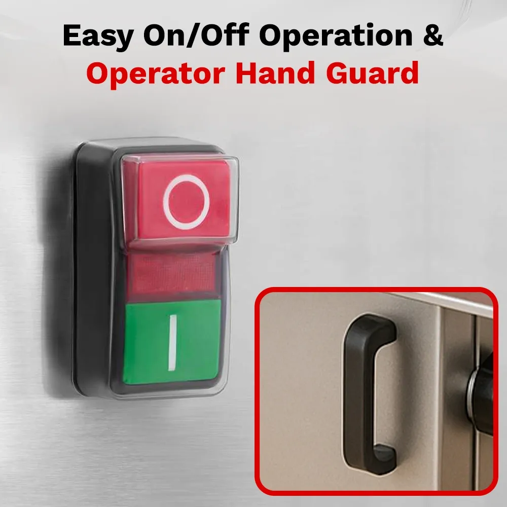 BakeMax Titan Series electric bone saw with 18-inch width, countertop unit safely cuts bone for butchers. Features safety switch and durable blade.