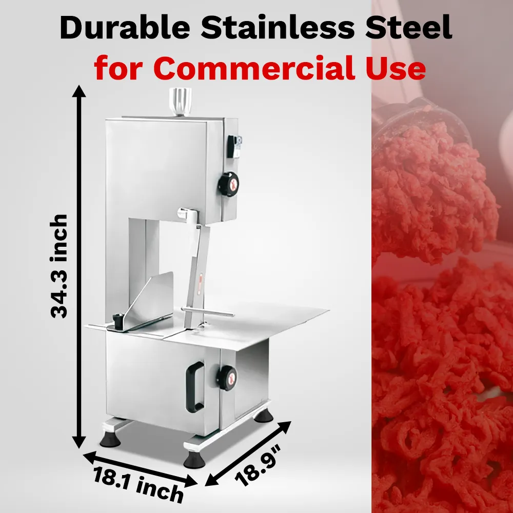 BakeMax Titan Series electric bone saw with 18-inch width, countertop unit safely cuts bone for butchers. Features safety switch and durable blade.
