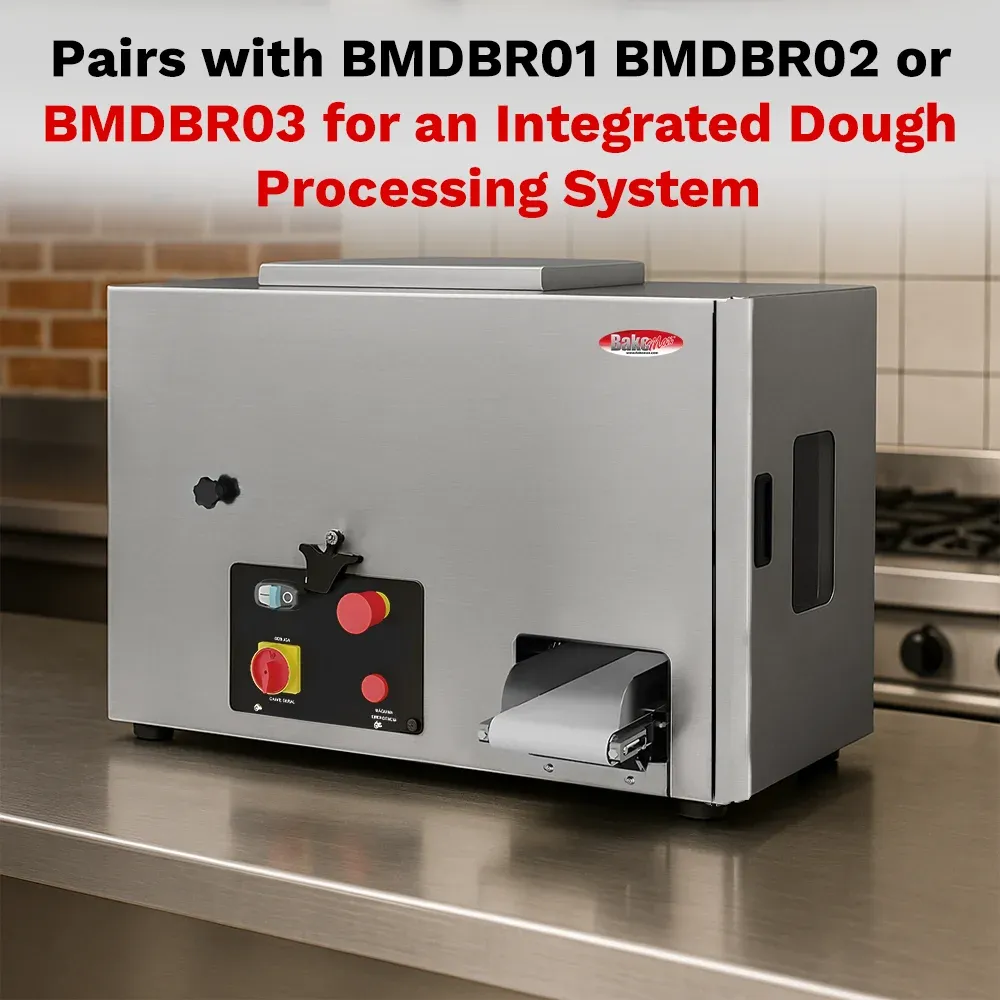 BakeMax BMCCD01 Titan Series continuous dough divider with stainless steel housing, countertop design, dough hopper, and discharge chute for bakery.