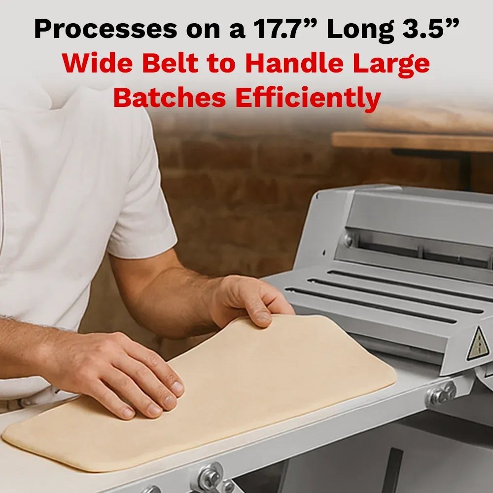 BakeMax Countertop dough sheeter with reversible stainless rollers, quiet motor, compact, reliable, easy to clean for bakery and pizza kitchens.