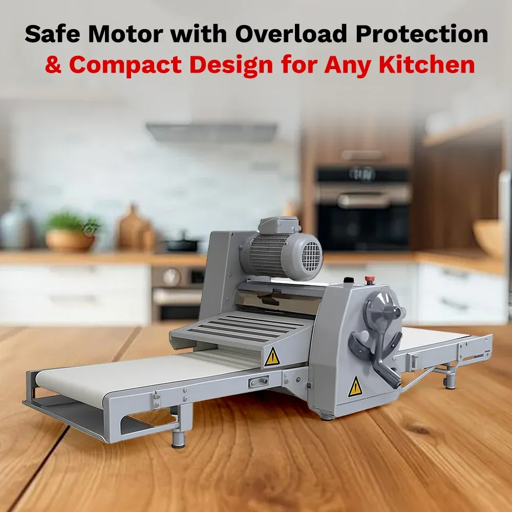 BakeMax Countertop dough sheeter with reversible rollers, quiet motor, compact and easy to clean, suited for bakery, pizza, and pastry kitchens.
