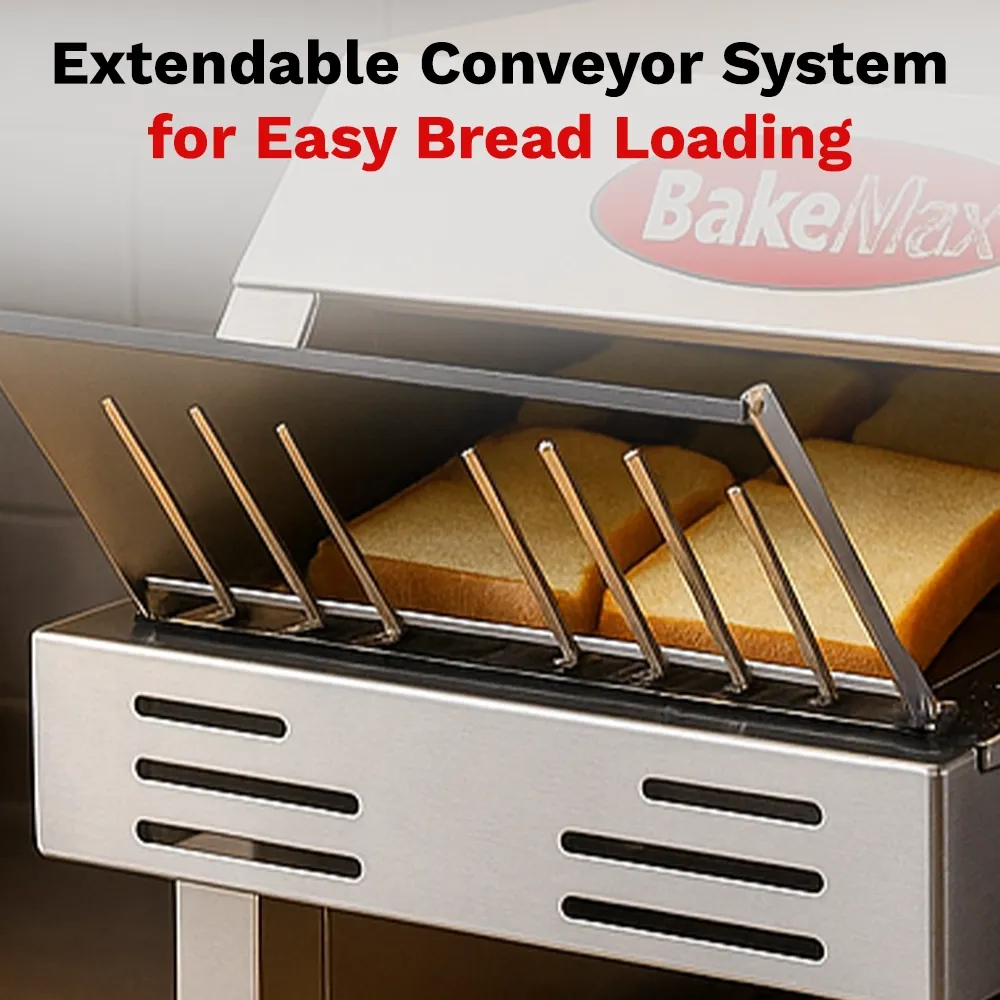Compact thirteen-inch BakeMax toaster delivers 180 slices per hour, designed for trucks and kiosks with fast warmup and energy-saving mode.