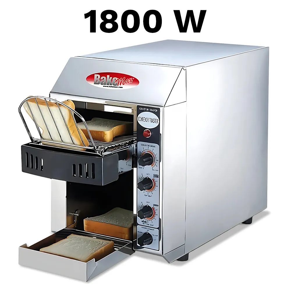 Compact thirteen-inch BakeMax toaster delivers 180 slices per hour, designed for trucks and kiosks with fast warmup and energy-saving mode.