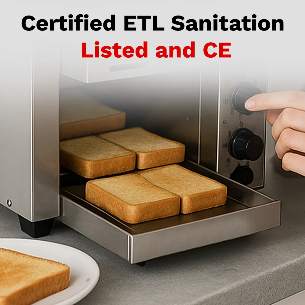 Compact thirteen-inch BakeMax toaster delivers 180 slices per hour, designed for trucks and kiosks with fast warmup and energy-saving mode.