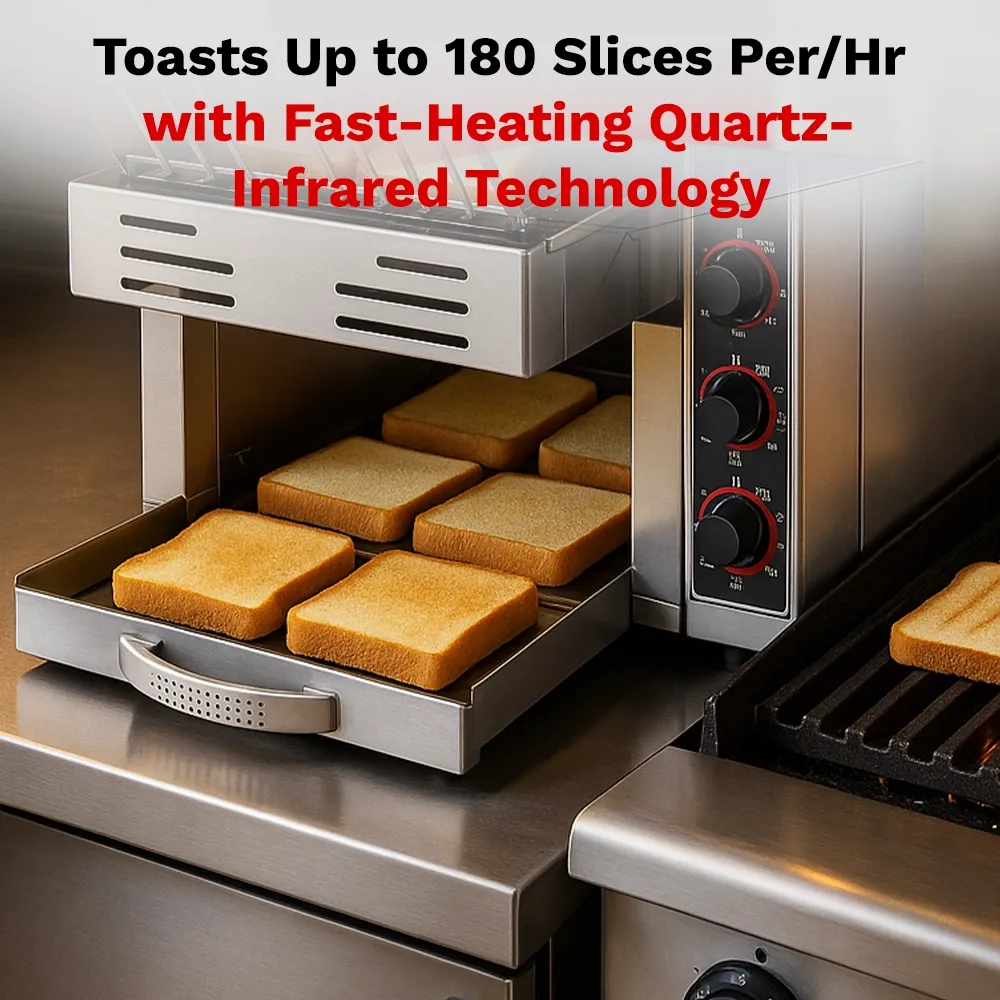 Compact thirteen-inch BakeMax toaster delivers 180 slices per hour, designed for trucks and kiosks with fast warmup and energy-saving mode.