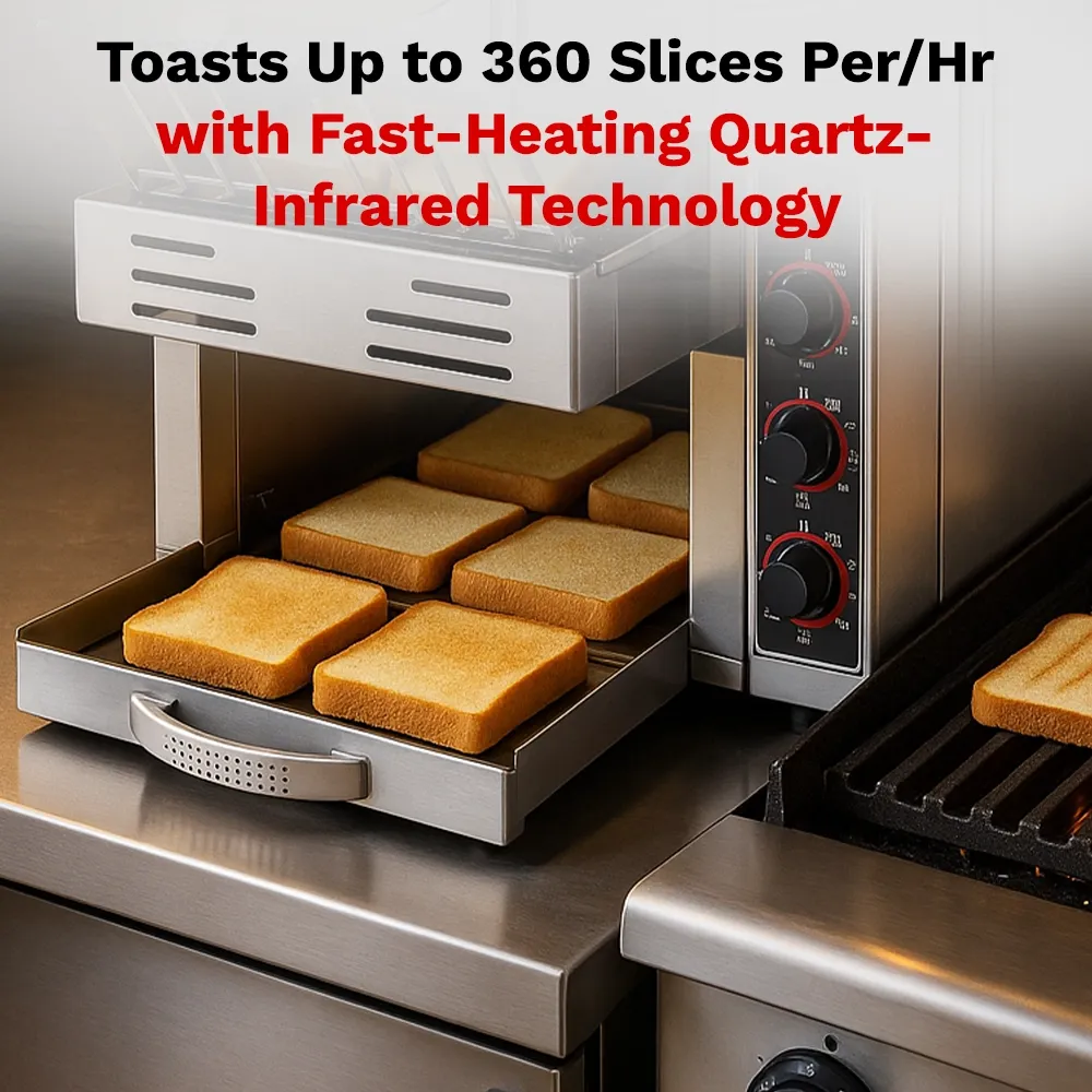 BakeMax toaster with fourteen-inch width offers even toasting and speed settings, perfect for hotels and buffet service. Compact stainless finish.