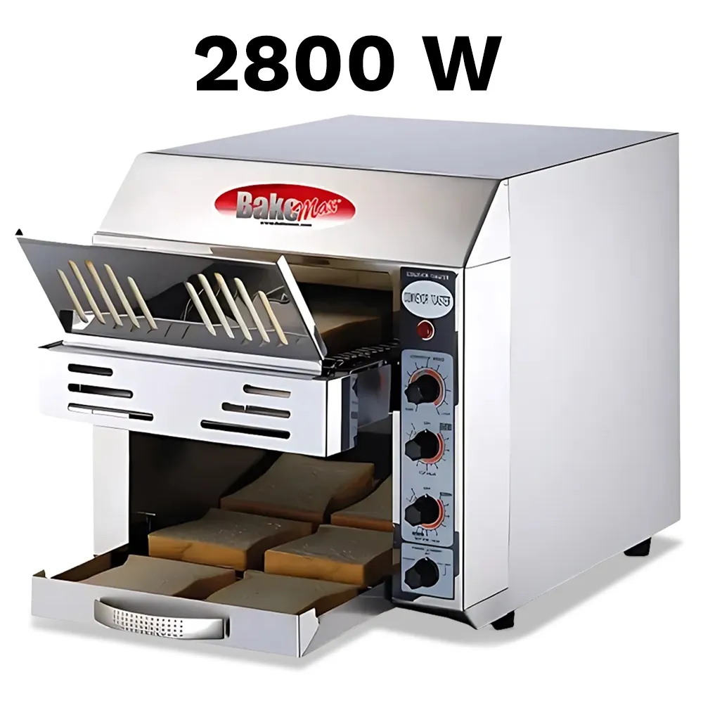 BakeMax toaster with fourteen-inch width offers even toasting and speed settings, perfect for hotels and buffet service. Compact stainless finish.