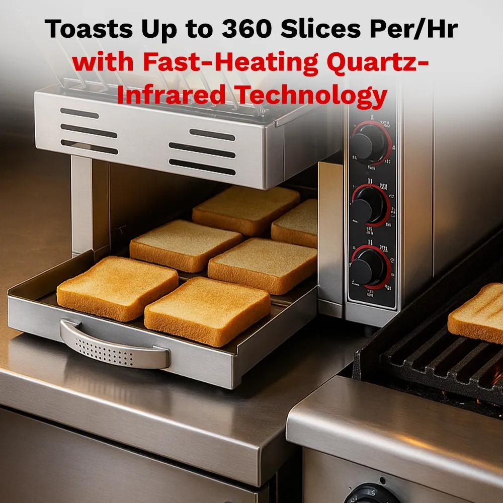 BakeMax Stainless steel conveyor toaster with fourteen-inch belt, delivers 360 slices per hour, ideal for cafés and diners with limited kitchen space.