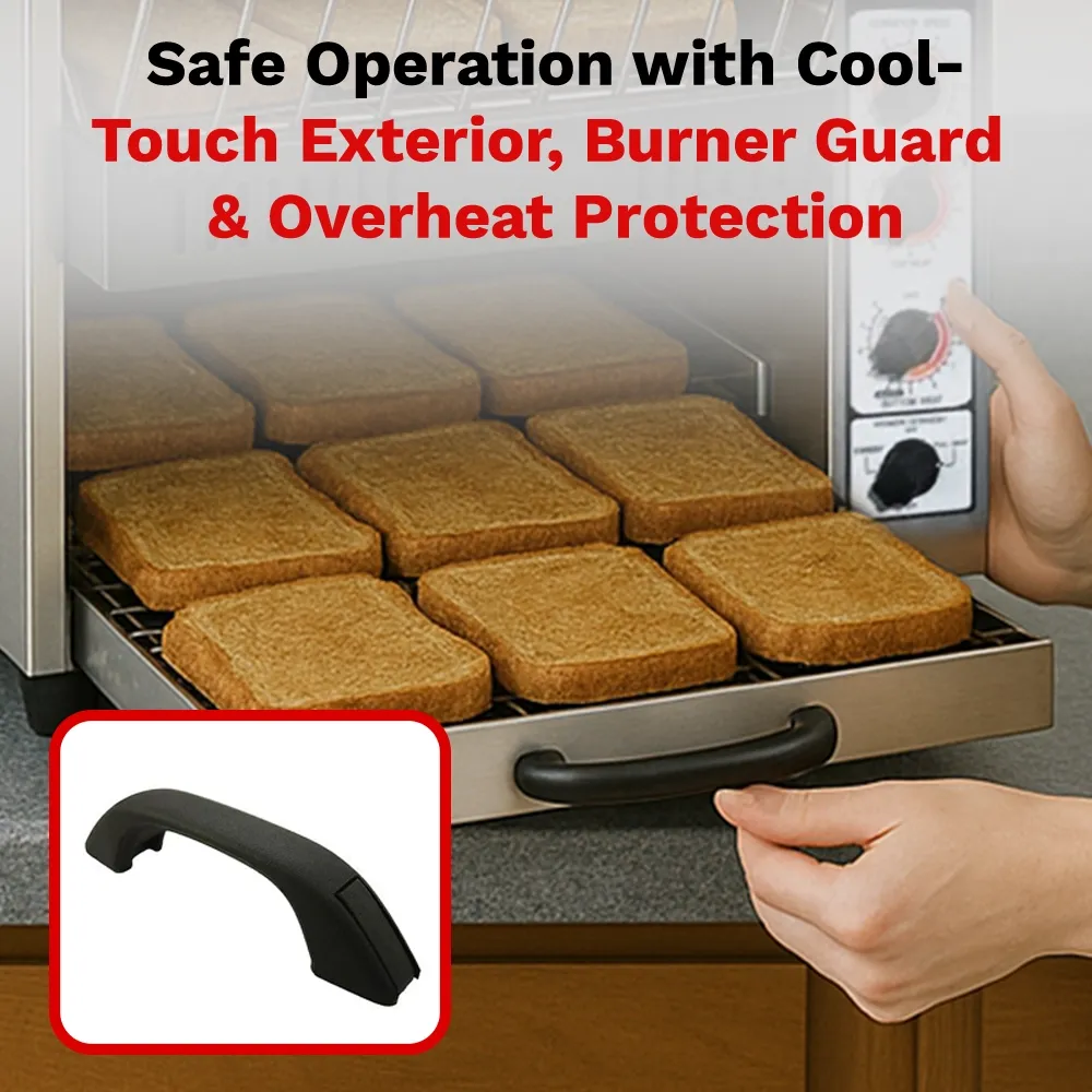 BakeMax conveyor toaster with seventeen-inch belt, handles five hundred slices per hour, compact stainless design for cafeterias and bakeries.