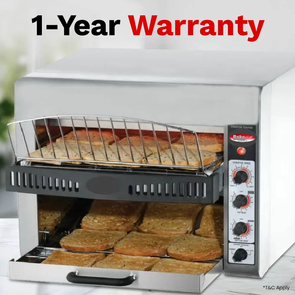 BakeMax conveyor toaster with seventeen-inch belt, handles five hundred slices per hour, compact stainless design for cafeterias and bakeries.