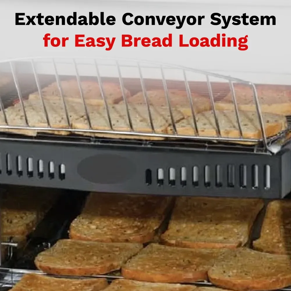 BakeMax conveyor toaster with seventeen-inch belt, handles five hundred slices per hour, compact stainless design for cafeterias and bakeries.