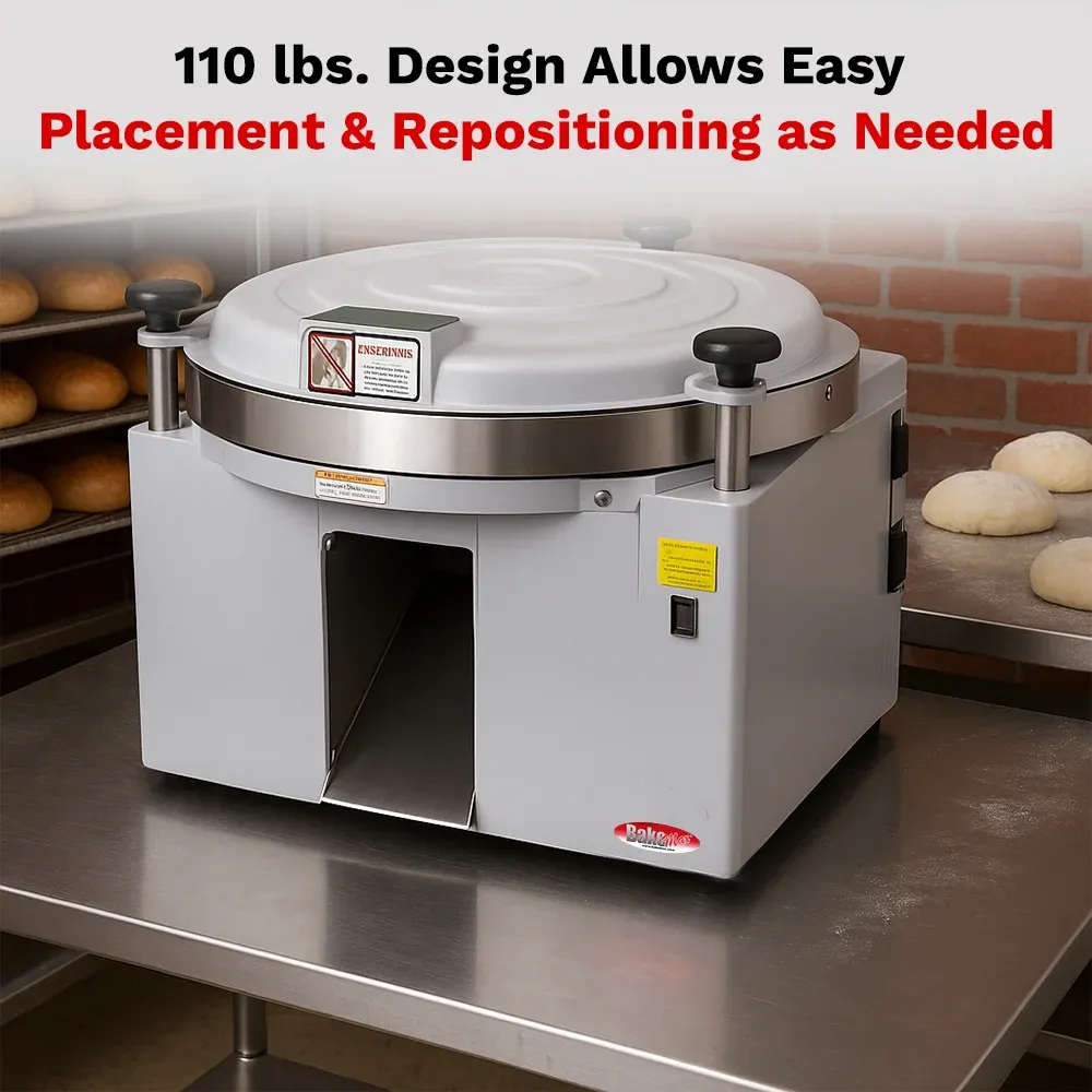 BakeMax Titan Series compact countertop dough ball rounder with stainless steel design, portion control settings, and efficient dough ball forming.
