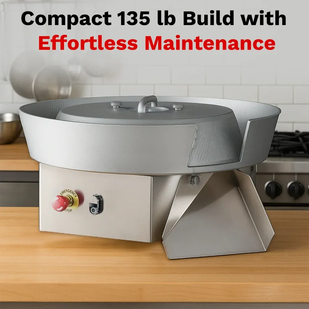 BakeMax Titan Series countertop dough ball rounder with stainless steel housing, safety guard, and adjustable settings for dough portion rounding.